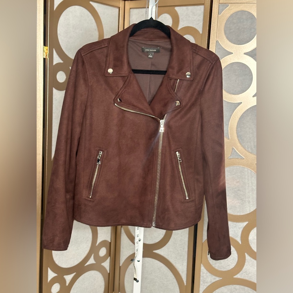 Ann Taylor Faux Suede Moto Jacket Brown Zip Front Size L